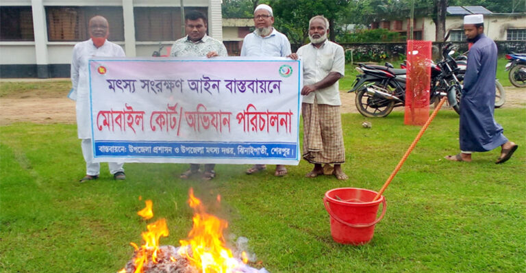 ঝিনাইগাতীতে ৯ হাজার মিটার নিষিদ্ধ কারেন্ট জাল ধ্বংস