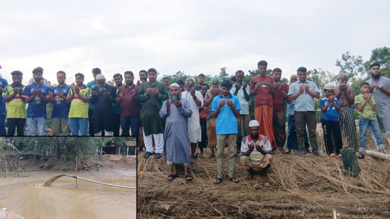 ঝিনাইগাতীতে নদীর বাঁধ ভেঙে নিশ্চিহ্ন ১২ পরিবারের বসতভিটা, সৃষ্ট গর্তে মাটি ভরাট শুরু